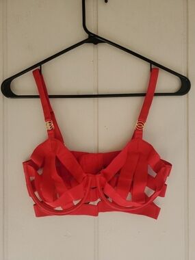 VICTORIA'S SECRET RED SEXY LUXE LINGERIE STRAPPY DEMI BRA 34D